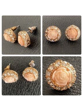 Stunning Pink Enamel Flower Earrings surrounded by Rhinestones